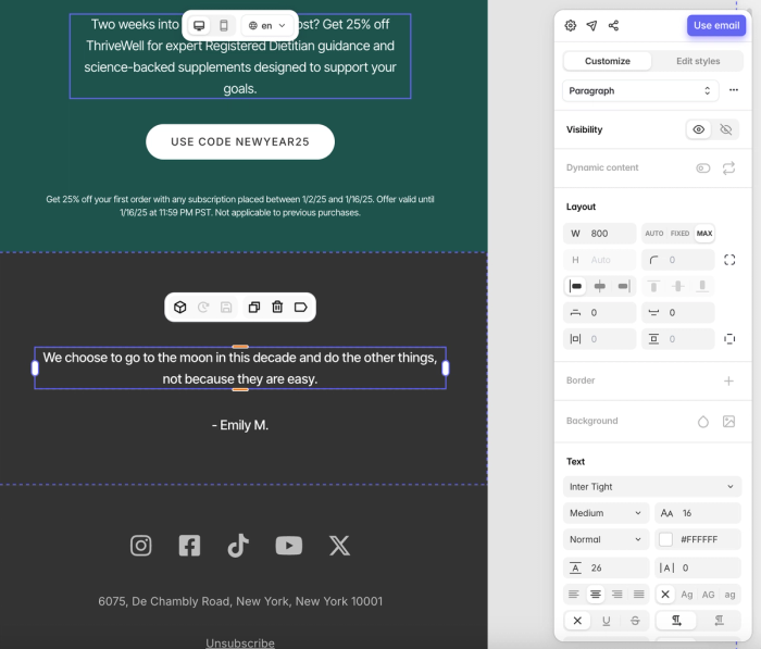 Customize individual elements in an email design
